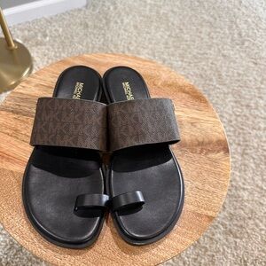 Michael Kors Brown August MK Monogram Toe-Loop Slide Flat Sandals